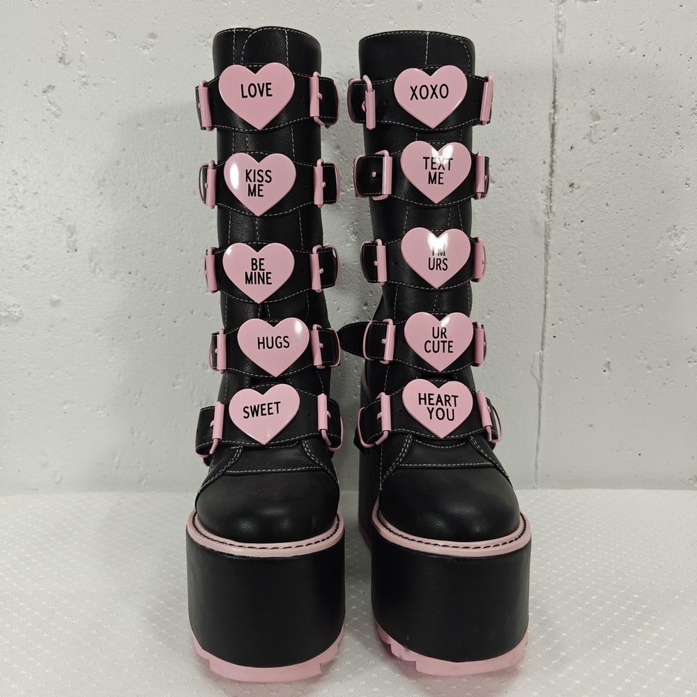 YRU Platform Boots Valentines Conversation Hearts Zip Up Buckle Womens 7 Goth
